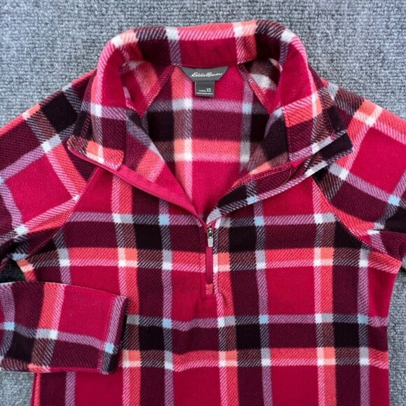 Eddie Bauer Women's 1/4 Zip Fleece Top Jacket XS Red Orange Plaid Long Sleeve - Picture 1 of 16